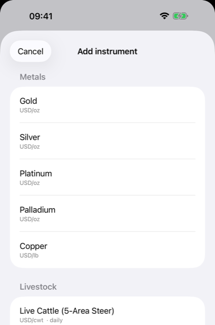 Instrument picker grouped by category